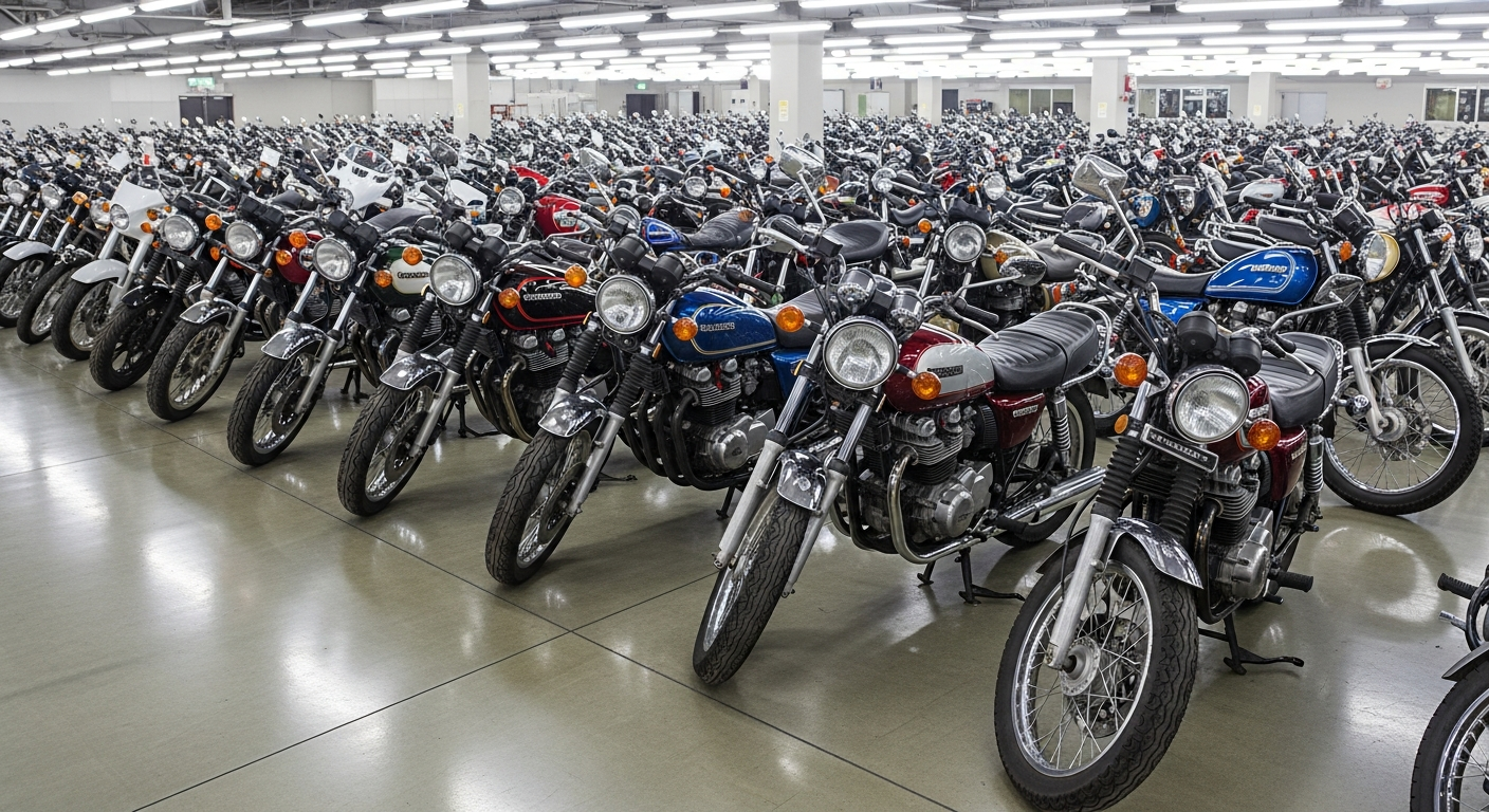 Rows of used motorcycles inside a Japanese auction hall where you can import a V-Strom 650 from Japan