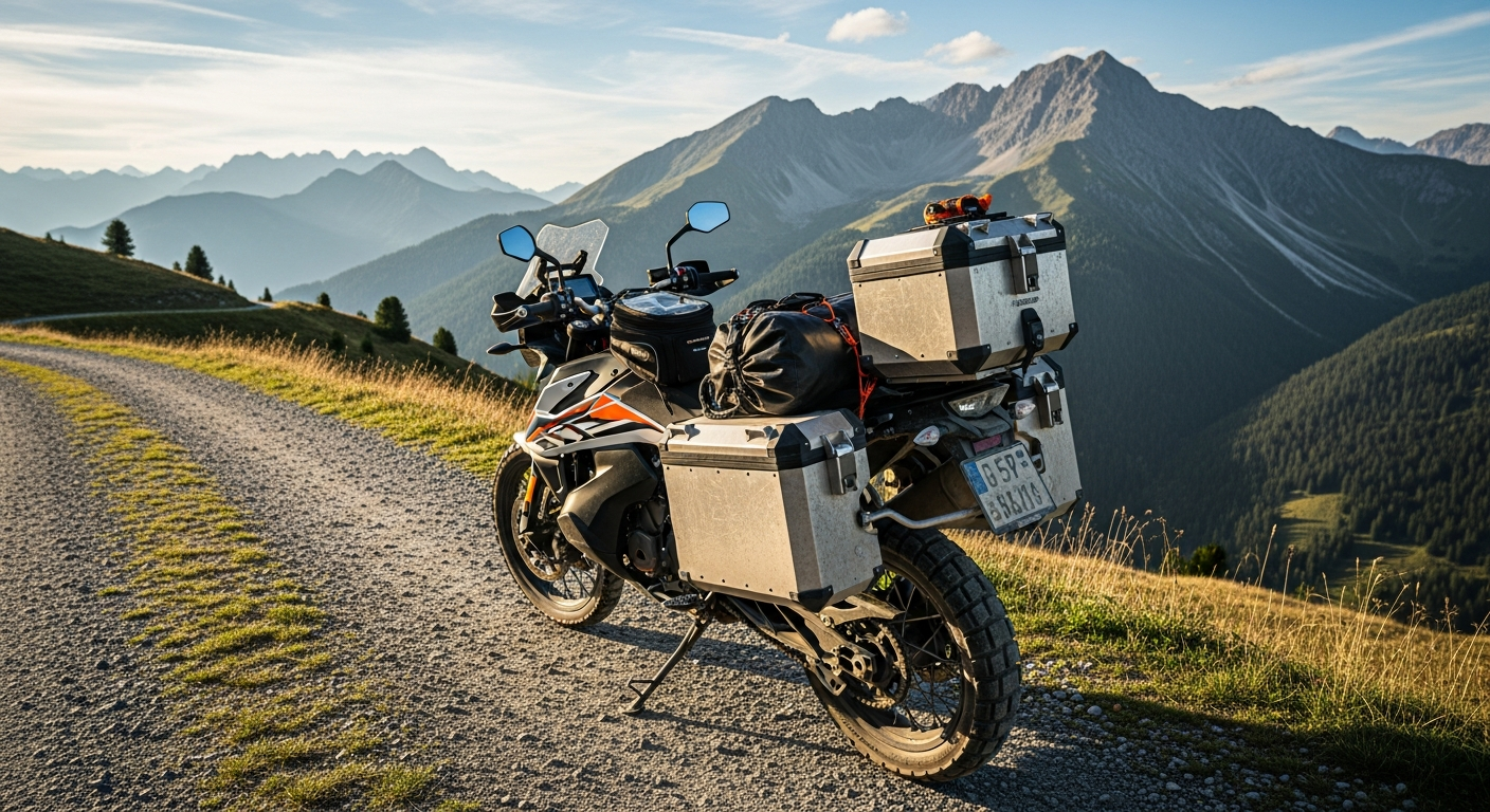 Loaded adventure motorcycle on a gravel trail, the kind of touring a V-Strom 650 imported from Japan is built for