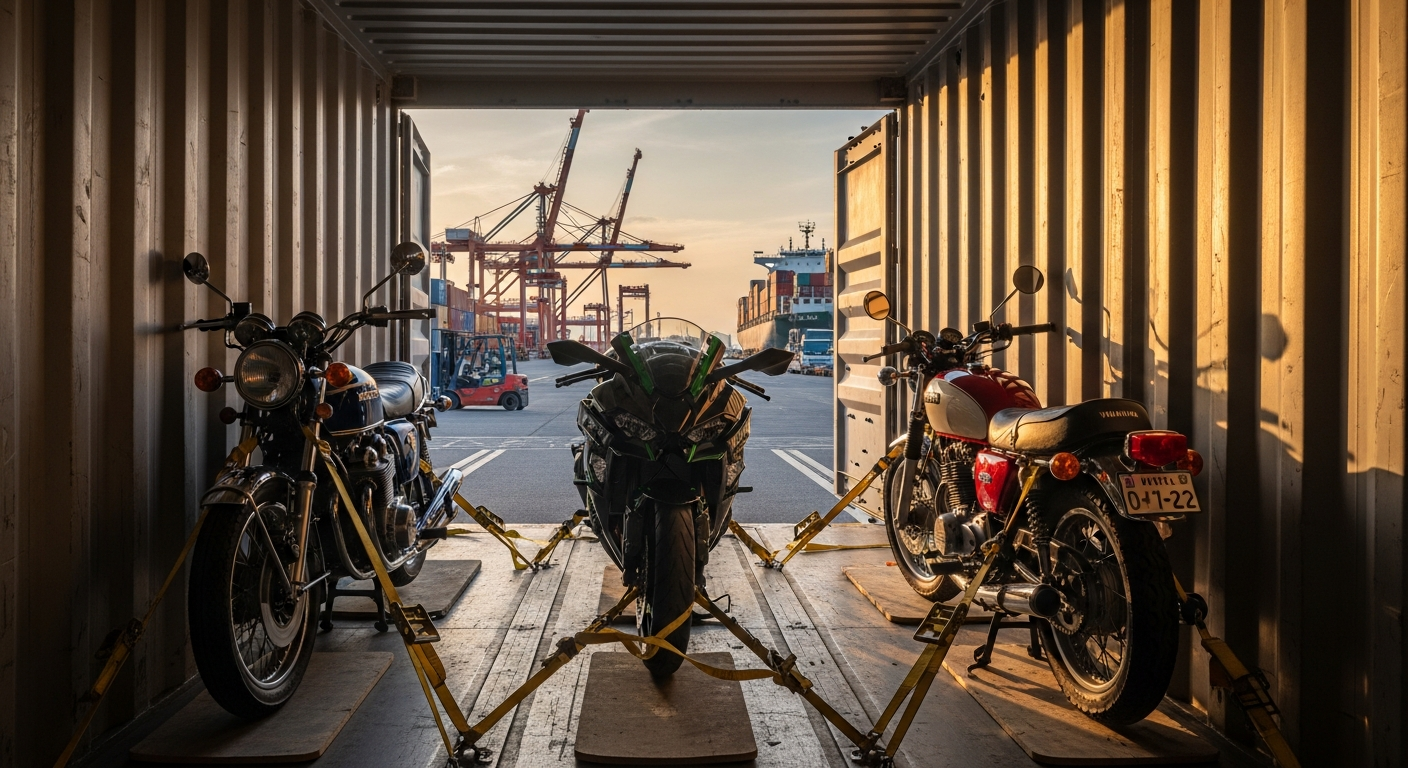 Motorcycles secured in a shipping container at a Japanese port to import a V-Strom 650 from Japan