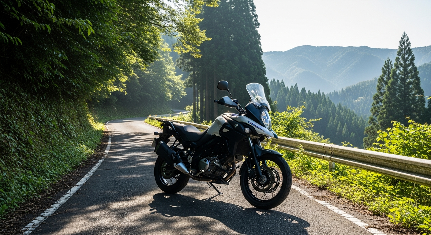 Suzuki V-Strom 650 adventure motorcycle parked on a Japanese mountain road, ready to import from Japan