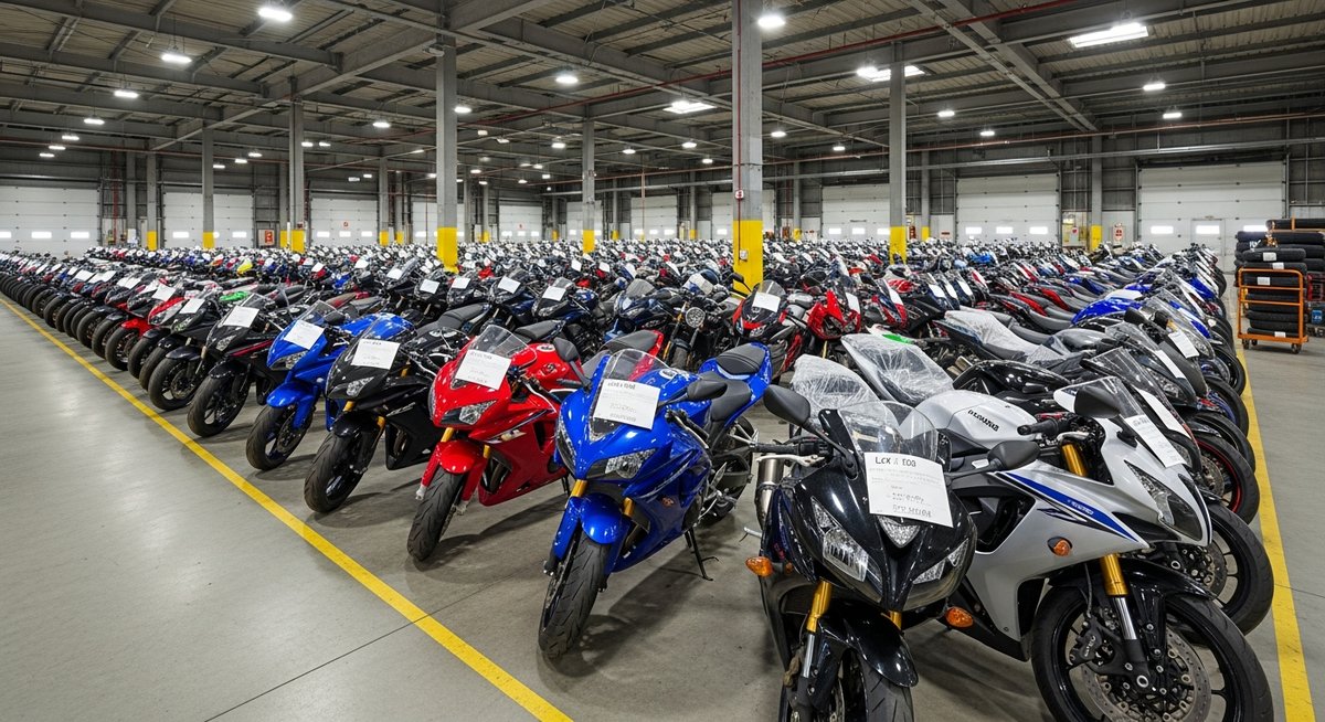 Japanese motorcycle auction house with rows of bikes including Yamaha TZR250