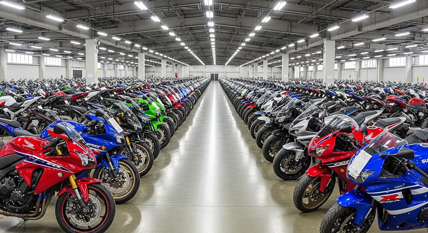 Rows of Yamaha YZF-R1 motorcycles lined up at a Japanese auction inspection area