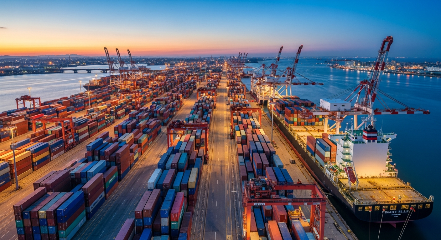 Shipping containers at a Japanese port with imported Yamaha YZF-R1 motorcycles ready for export